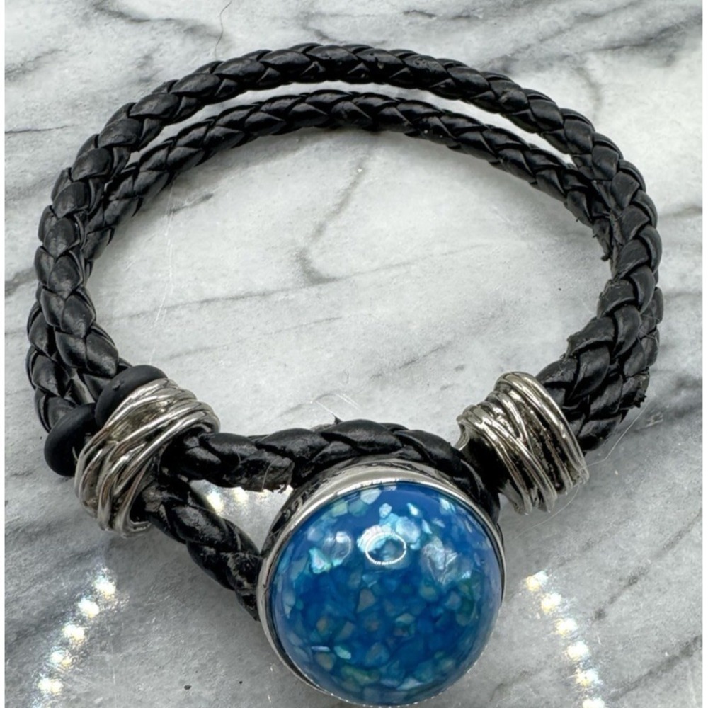 Blue Ginger Snaps Snap Bracelet Black Braided Leather Double Wrap Interchangeabl